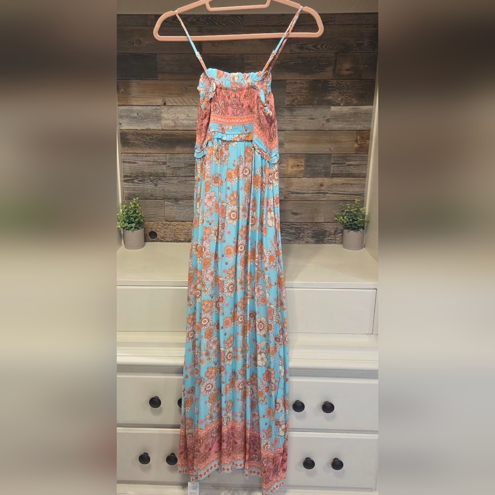 Cupshe Floral Maxi Dress With Cinched Ruffle Top- in Aqua & Coral - Picture 11 of 14